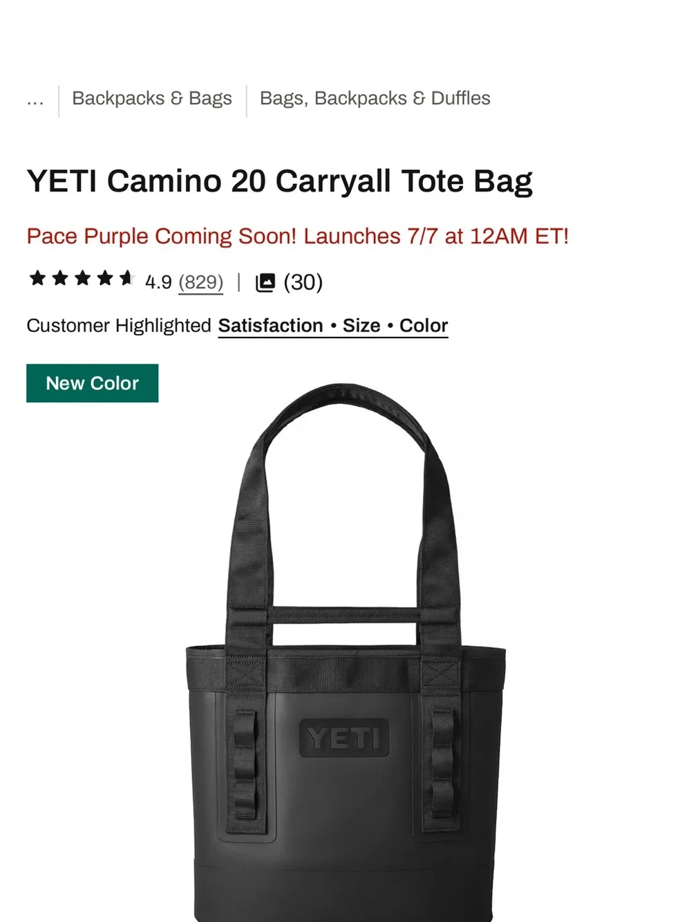 Yeti Black Duffel Tote Bag , Camino 20 carryall
